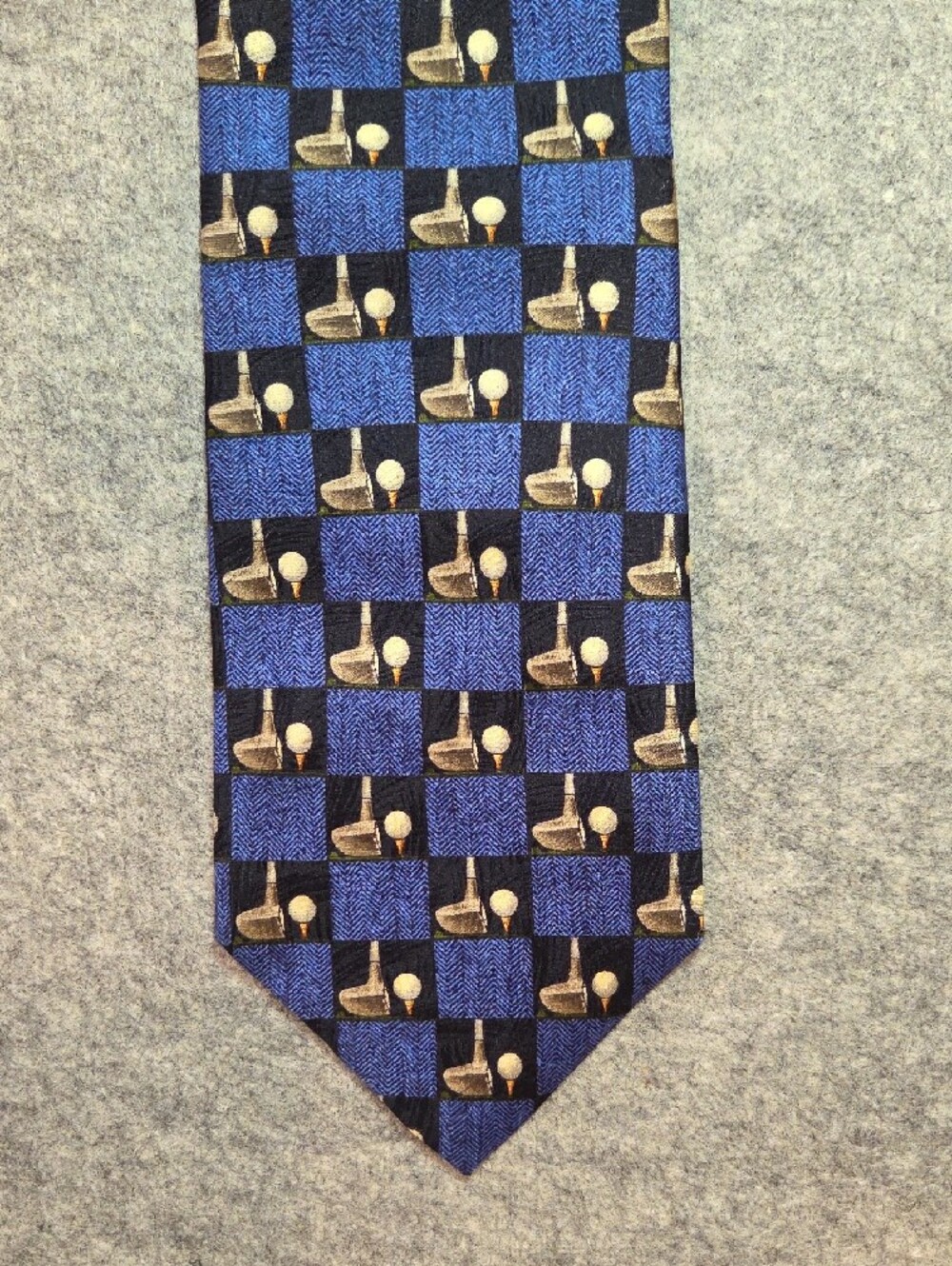 Ermenegildo Zegna Men's Blue and Black Checker Silk Tie with Golf Motif 3.85x59